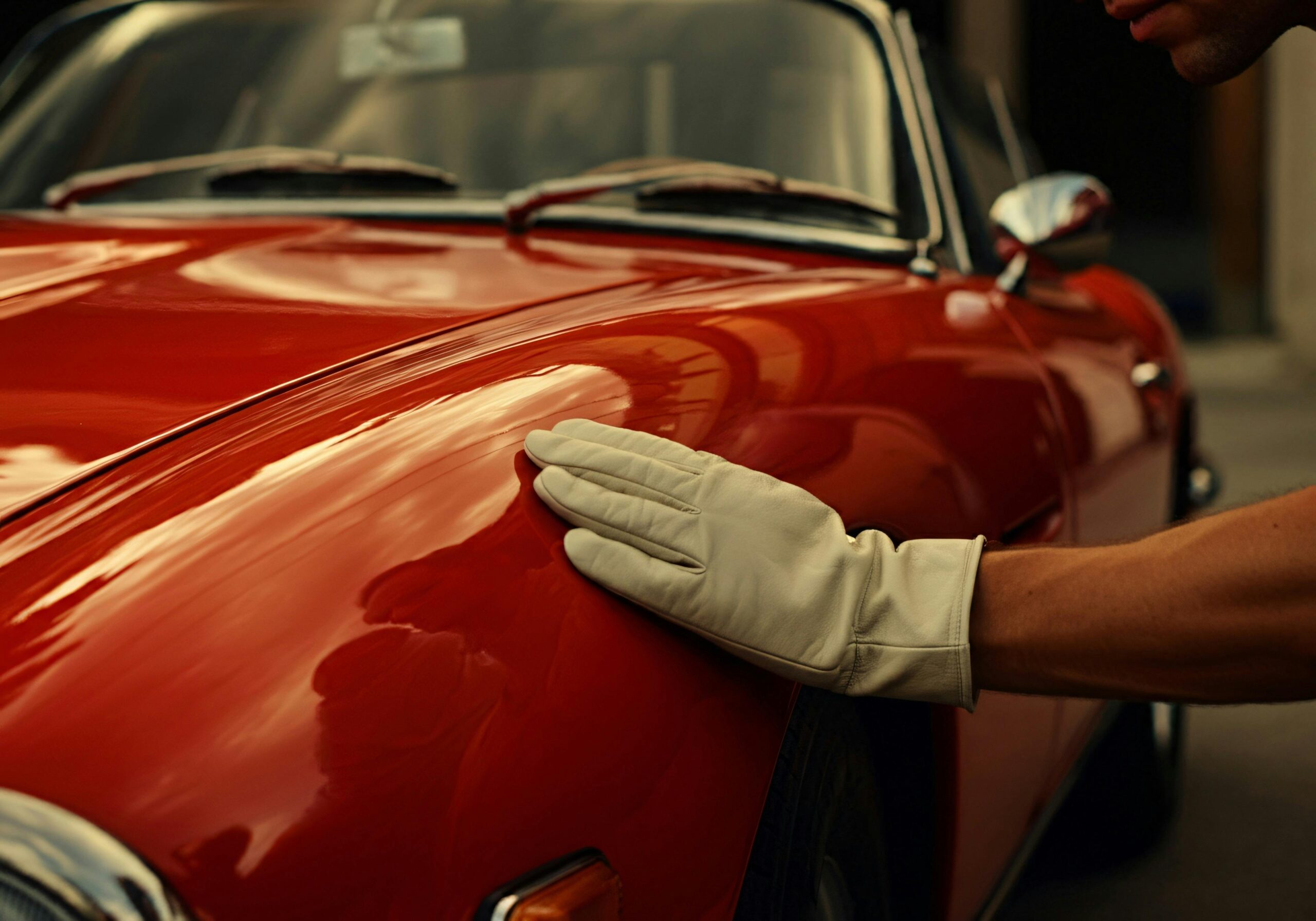 A white-gloved hand polishes a vintage red car, highlighting its sleek curves and glossy paint.